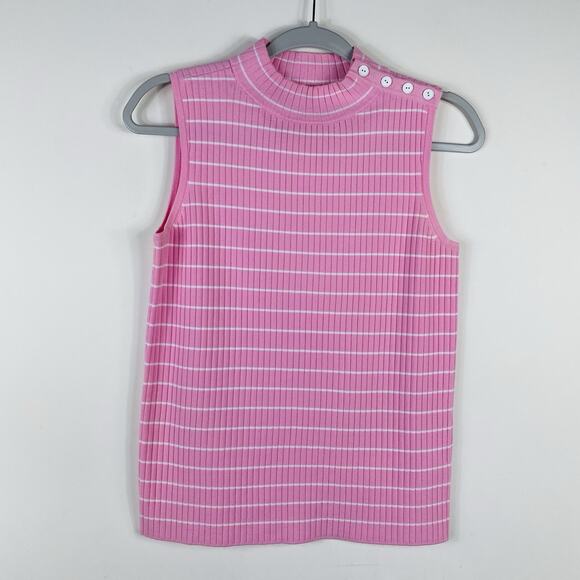 Talbots Size Small Striped Sleeveless Ribbed Mockneck Sweater Pink White - Picture 2 of 6